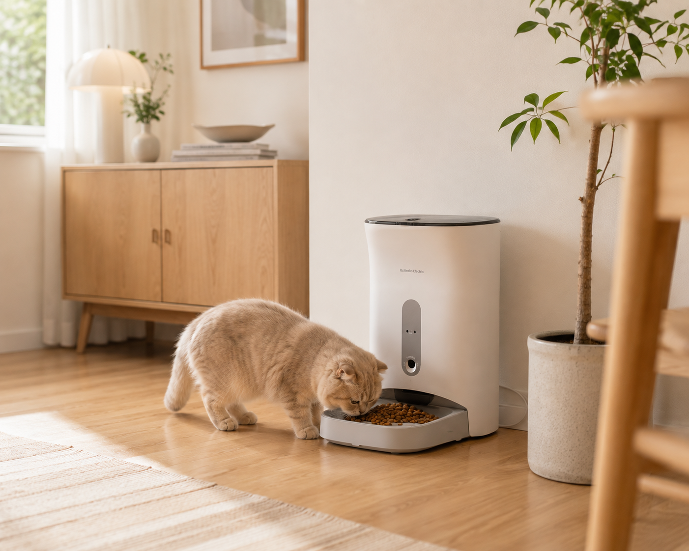 ナチュラルなリビングでカリカリマシーンV2C+から食事をする猫