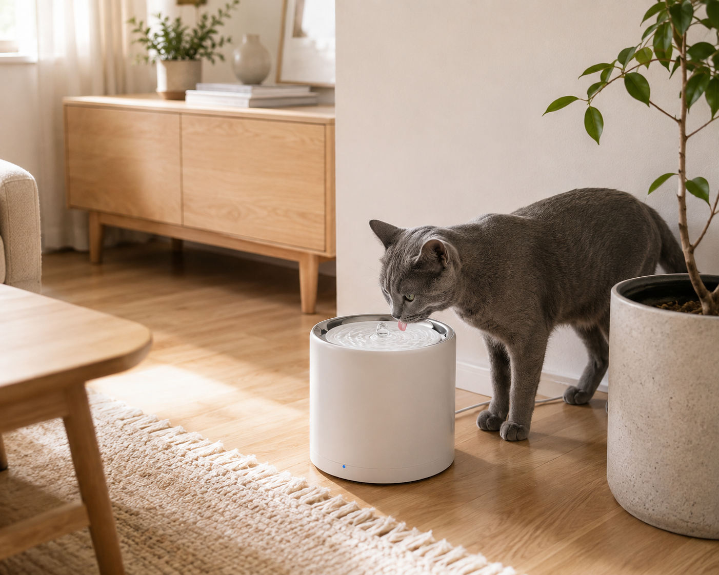 PETKIT Eversweet 3 Proで水を飲むグレーの猫