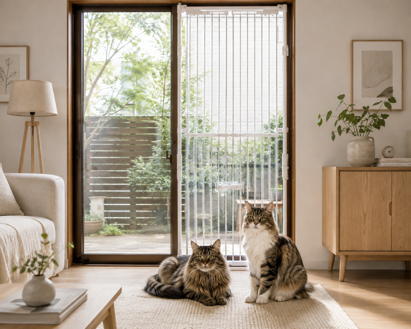 掃き出し窓に設置された猫の脱走防止ゲートと2匹の猫