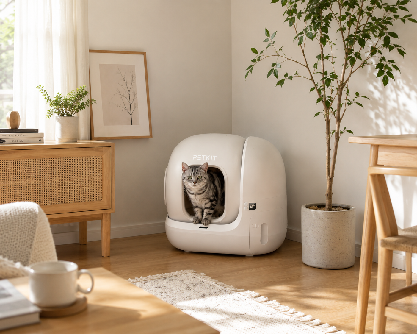 ナチュラルなリビングに置かれたPETKIT Pura Max2と猫
