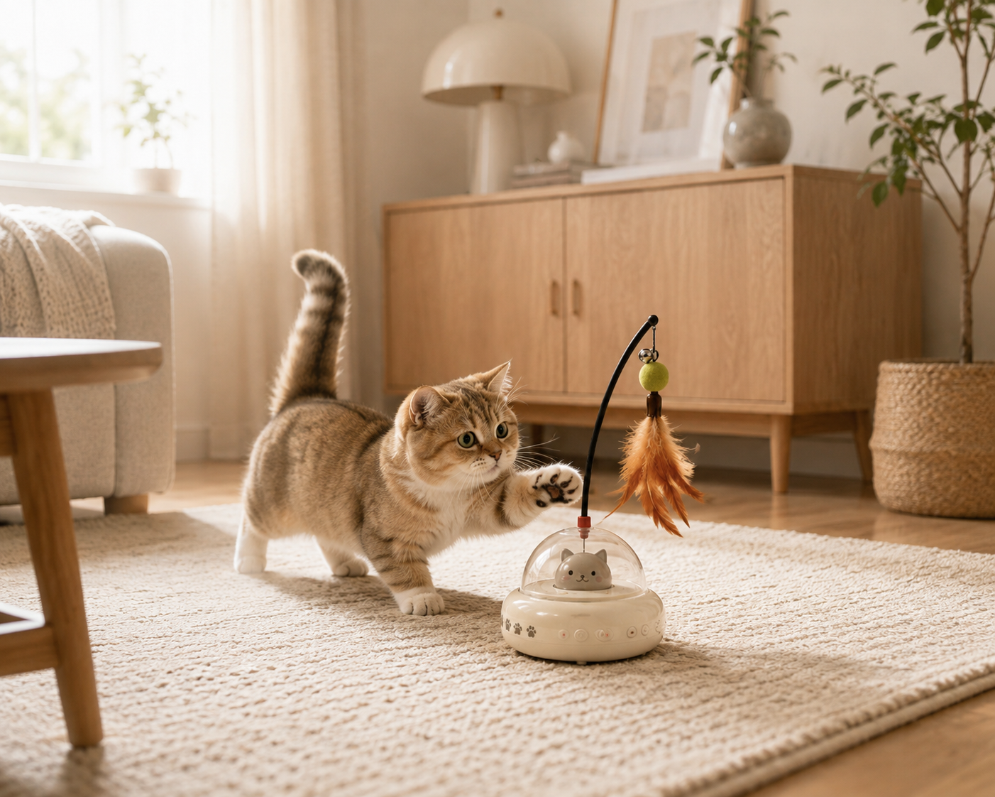 ラグの上で電動猫じゃらしと遊ぶ猫